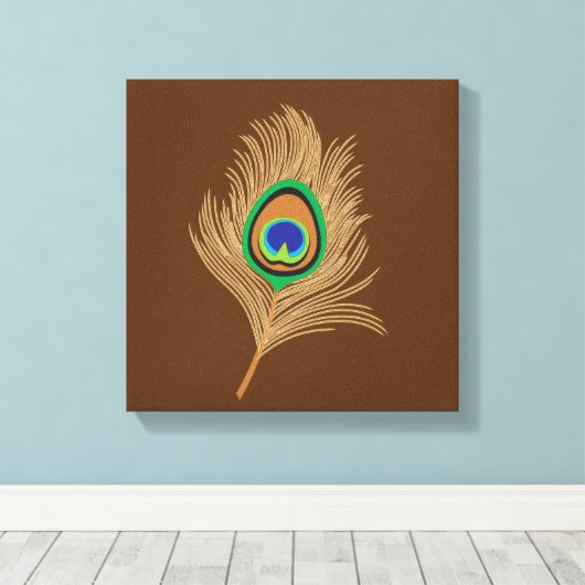 Beige peacock Feather op Chocolate Brown Canvas Afdruk (Insitu (Houten vloer))