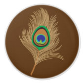 Beige peacock Feather op Chocolate Brown Keramische Knop (Voorkant)