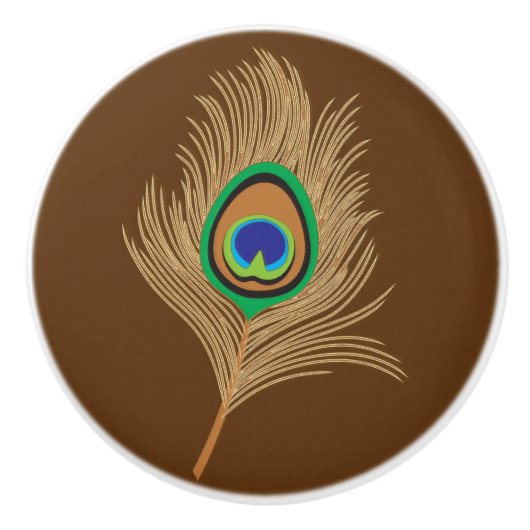 Beige peacock Feather op Chocolate Brown Keramische Knop (Voorkant)