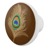 Beige peacock Feather op Chocolate Brown Keramische Knop (Rechts)