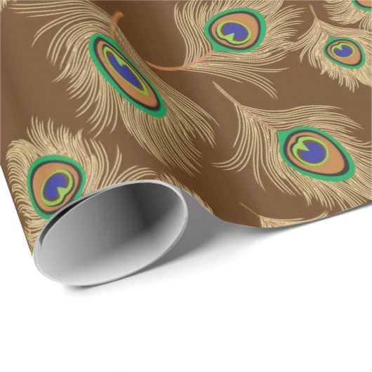 Beige Peacock Feathers op Chocolate Brown Cadeaupapier (Rol Hoek)