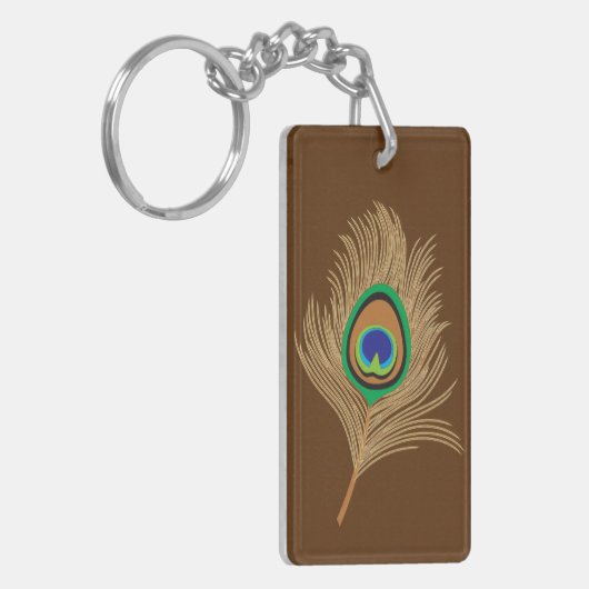 Beige Peacock Feathers op Chocolate Brown Sleutelhanger (Voorkant Links)