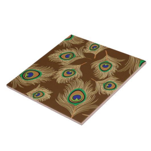 Beige Peacock Feathers op Chocolate Brown Tegeltje (Zijkant)