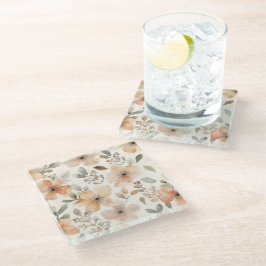 Beige Perzik Bloemige Waterverf Botanische Patroon Glazen Onderzetter