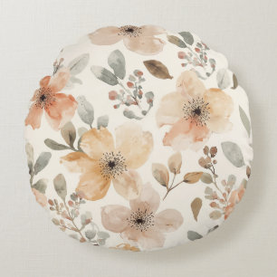 Beige Perzik Bloemige Waterverf Botanische Patroon Rond Kussen