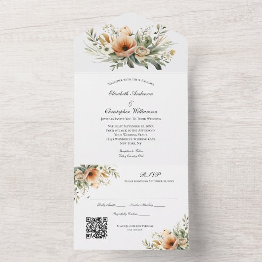 Beige Perzik Neutrale Bloemen QR code Bruiloft All In One Uitnodiging (Binnen)
