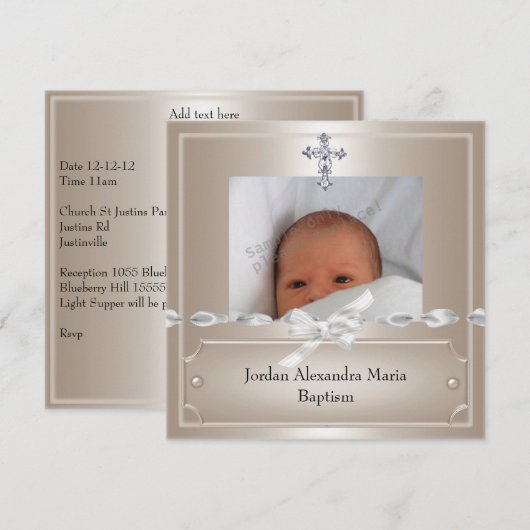 Beige Photo Lijst Jewel Cross Baptisme Kaart (Voorkant / Achterkant)