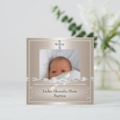 Beige Photo Lijst Jewel Cross Baptisme Kaart (Staand voorkant)