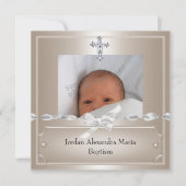 Beige Photo Lijst Jewel Cross Baptisme Kaart (Voorkant)
