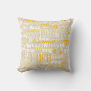beige pillow with a pattern of names for kids kussen