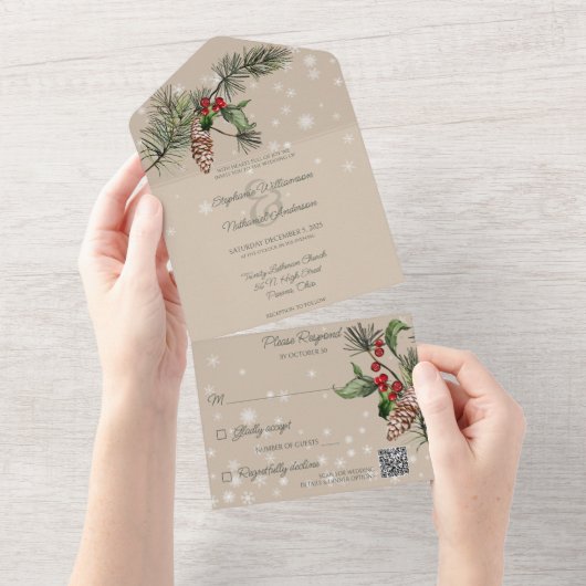 Beige Pine & Holly in Sneeuw QR Code All In One Uitnodiging (Afscheurbaar)