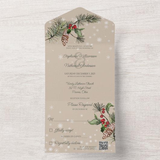 Beige Pine & Holly in Sneeuw QR Code All In One Uitnodiging (Binnen)