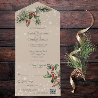 Beige Pine & Holly in Sneeuw QR Code All In One Uitnodiging