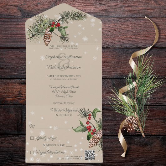 Beige Pine & Holly in Sneeuw QR Code All In One Uitnodiging