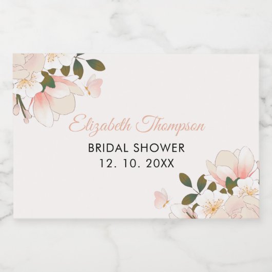 Beige Pink Floral Pattern Bridal Shower Sparkling Wijnetiket (Enkel label)