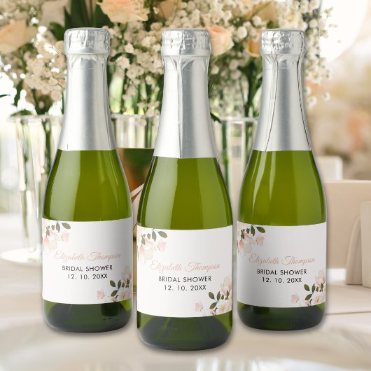 Beige Pink Floral Pattern Bridal Shower Sparkling Wijnetiket