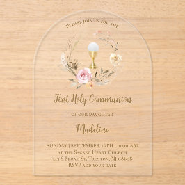 beige pink flowers | First Communion Acryl Uitnodigingen