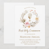 beige pink flowers wreath First Communion Kaart (Voorkant / Achterkant)