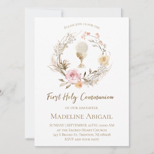 beige pink flowers wreath First Communion Kaart (Voorkant)