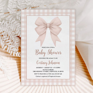 Beige Plaid en Beige Bow Baby shower Kaart
