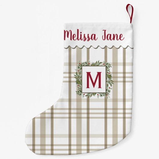 Beige Plaid Evergreen Krans  Monogram Kleine Kerstsok (Achterkant)