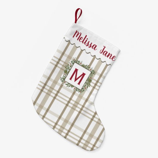 Beige Plaid Evergreen Krans Monogram Kleine Kerstsok (Voorkant (Hangend))