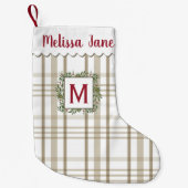 Beige Plaid Evergreen Krans  Monogram Kleine Kerstsok (Voorkant)