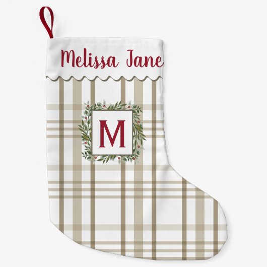 Beige Plaid Evergreen Krans  Monogram Kleine Kerstsok (Voorkant)