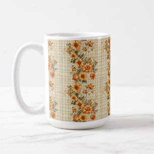 BEIGE PLAID MET ORANJE & GELE HERFST BLOEMEN KOFFIEMOK