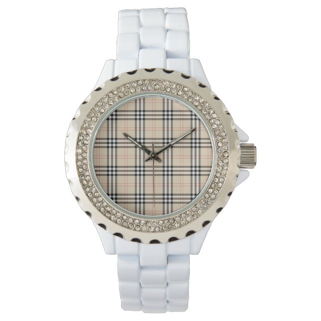  Beige Plaid Tartan Horloge (Voorkant)