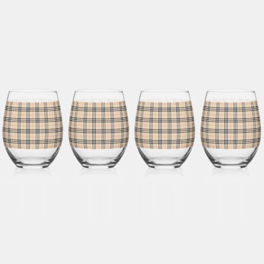 Beige Plaid Tartan Wijnglas Zonder Voet (Voorkant)