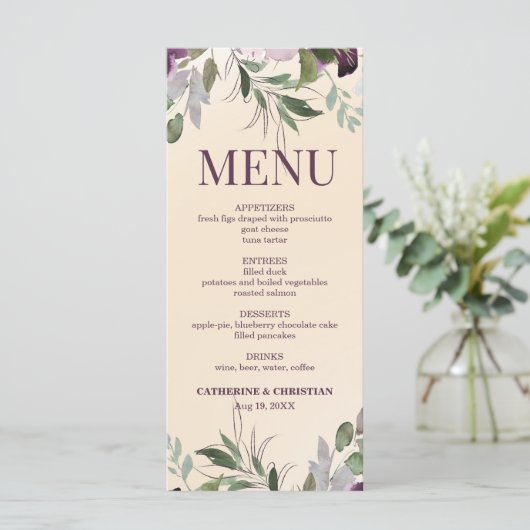 Beige Plum Floral Wedding Menu (Staand voorkant)