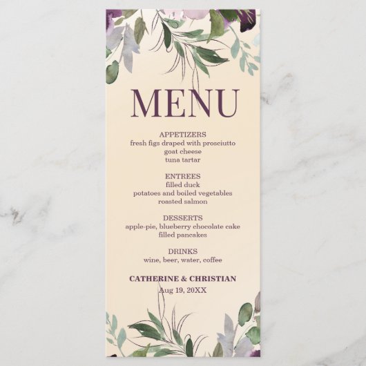 Beige Plum Floral Wedding Menu (Voorkant)
