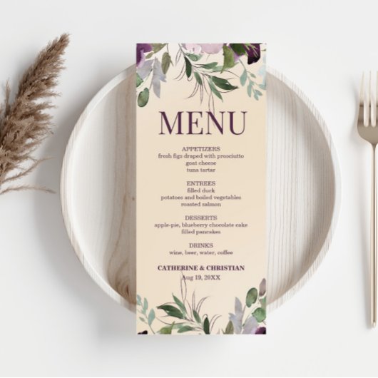 Beige Plum Floral Wedding Menu