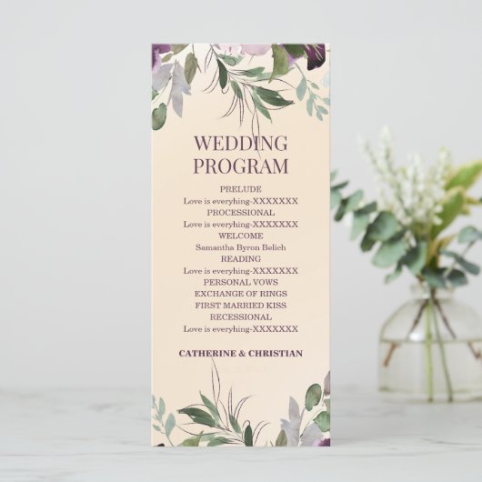 Beige Plum Floral Wedding Programme Programmakaart (Staand voorkant)