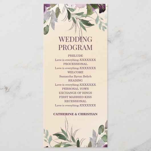 Beige Plum Floral Wedding Programme Programmakaart (Voorkant)