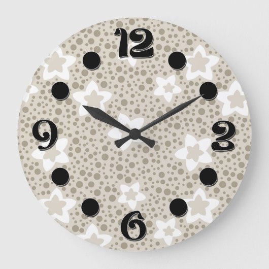 Beige polka dot retro met sterren en bloemen grote klok (Voorkant)
