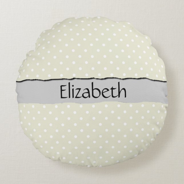 Beige Polka Dots, Polka Dot Pattern, Jouw naam Rond Kussen (Voorkant)