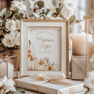 Beige Pompoen en Bloemen Baby shower Tafeltekens Poster