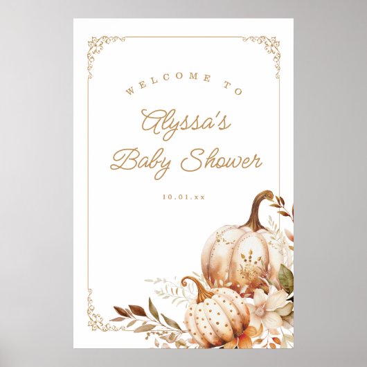 Beige pompoen en bloemen Baby shower welkomstbord Poster (Voorkant)
