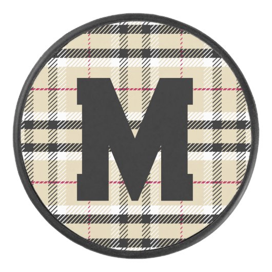 Beige Preppy Plaid Mode Monogram Gepersonaliseerd Hockey Puck (Voorkant)