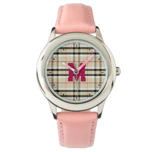 Beige Preppy Plaid Mode Monogram Gepersonaliseerd Horloge