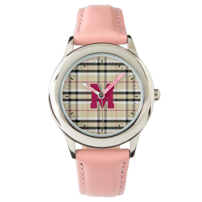 Beige Preppy Plaid Mode Monogram Gepersonaliseerd Horloge (Voorkant)