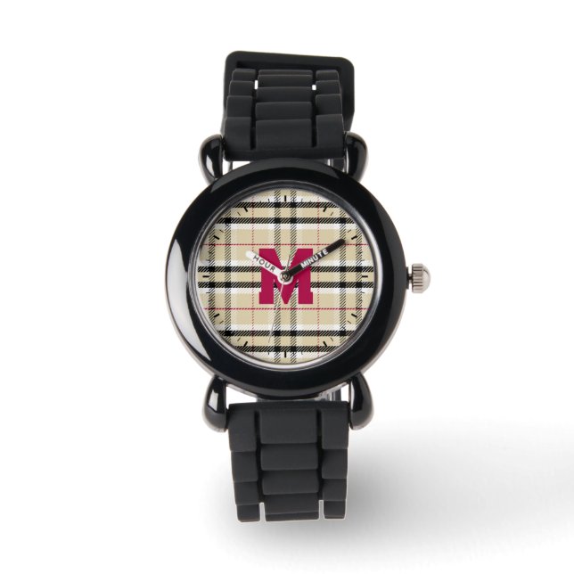 Beige Preppy Plaid Mode Monogram Gepersonaliseerd Horloge (Voorkant)