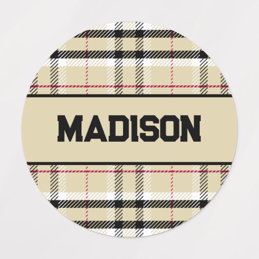 Beige Preppy Plaid Mode Monogram Gepersonaliseerd Labels (Design 2)