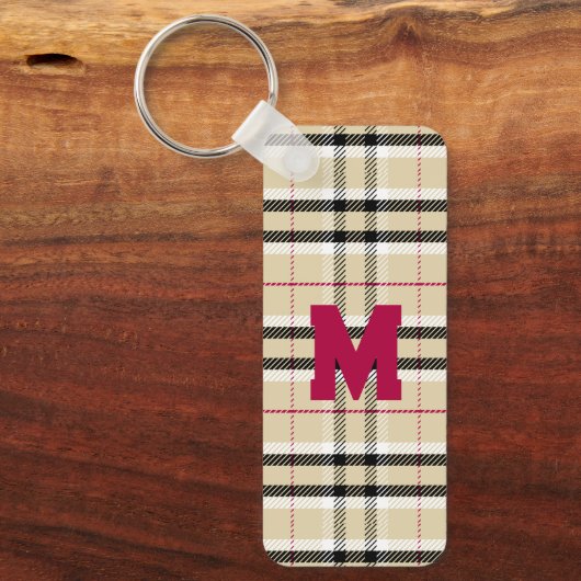 Beige Preppy Plaid Mode Monogram Gepersonaliseerd Sleutelhanger (Voorkant)