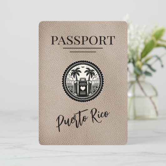 Beige Puerto Rico Passport Save The Date (Staand voorkant)