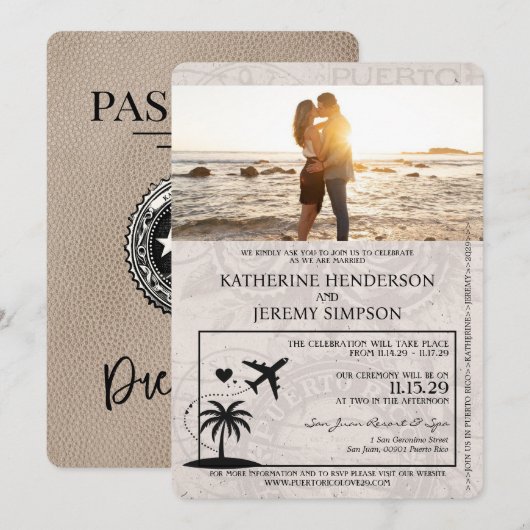 Beige Puerto Rico Passport Wedding Kaart (Voorkant / Achterkant)