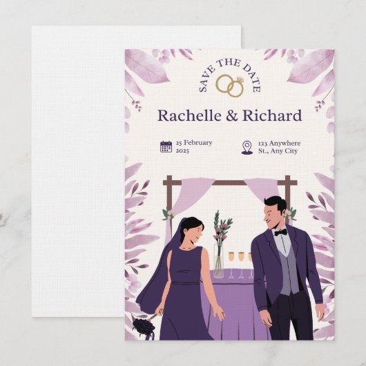 Beige & Purple Animated Wedding Invitation Kaart (Voorkant / Achterkant)