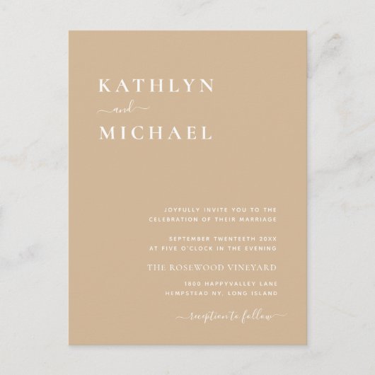 Beige QR-code in één modern minimalistisch huwelij Uitnodiging Briefkaart (Voorkant)